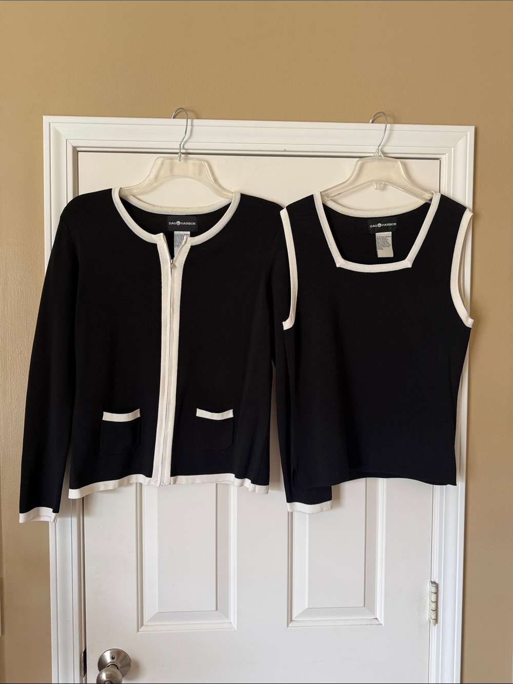 Sag Harbor Black & White Trim Zip Cardigan with Matching Tank